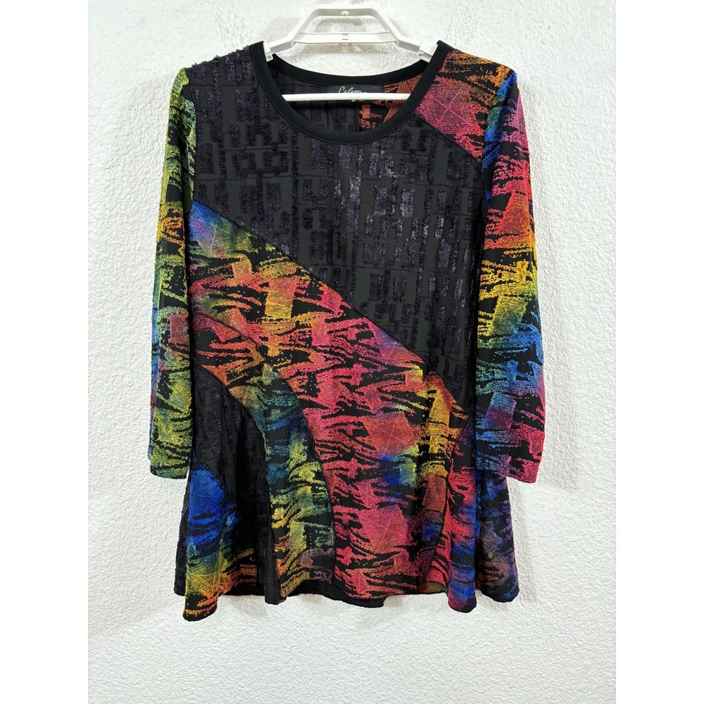 Calessa Shirt Womens Medium Black Multicolor Abstract Lagenlook Tunic 3/4 Sleeve